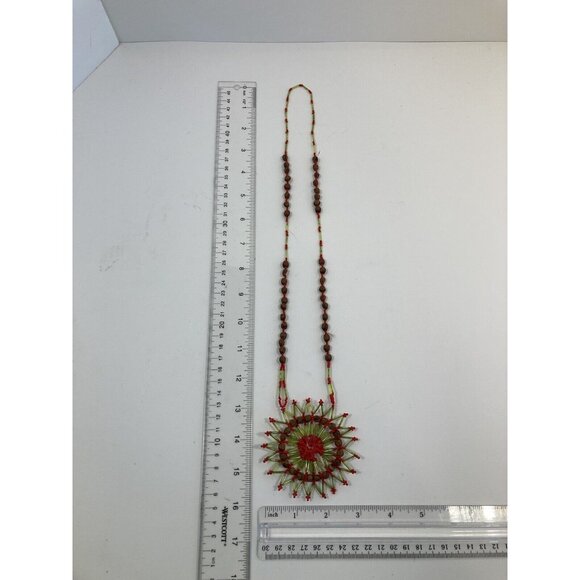 Vintage Monkey Pod Beaded Womens Boho 26 In Necklace 70s Red And Green - Picture 3 of 7